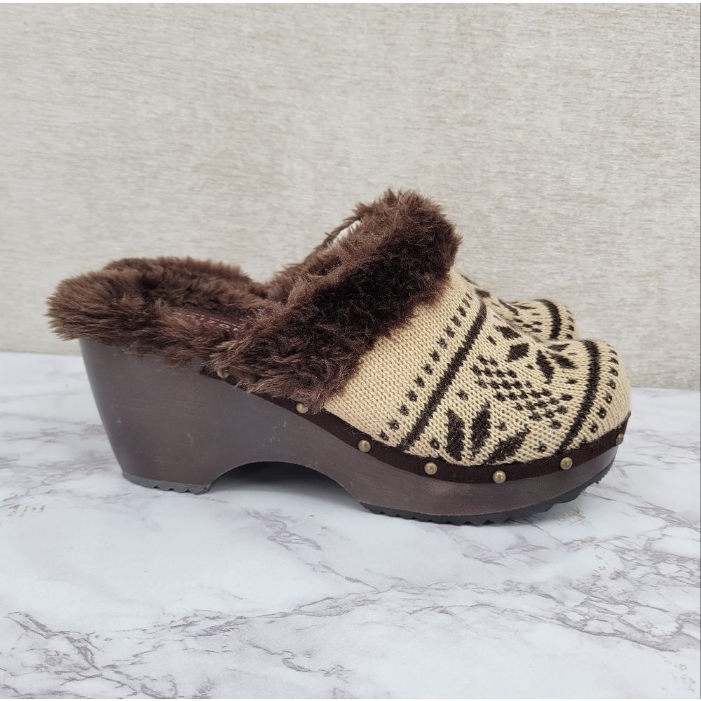 Arizona Jean Company Y2K Fair Isle Knit Mules Clogs Faux Fur Lining